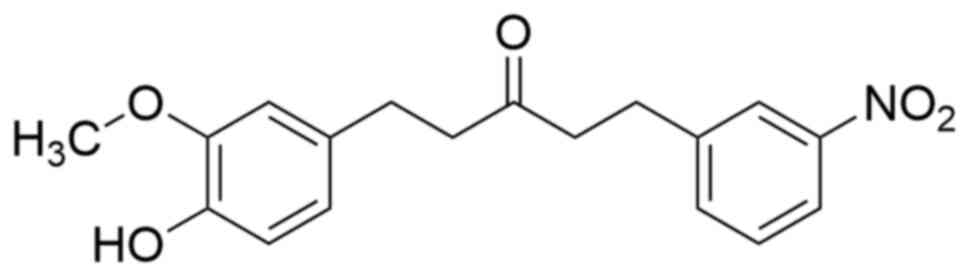 Monocarbonyl-modified compound. This
monocarbonyl curcumin analog has only one keto group in the
aliphatic chain, which makes its water solubility higher and more
stable.