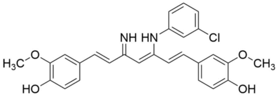 Modified diketone derivative. In the
structure, the carbon-oxygen double bonds (carbonyl group) of
curcumin in the long unsaturated aliphatic chain are replaced with
carbon- nitrogen bonds.