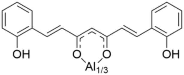 Curcumin metal-chelating derivative.
Curcumin is coordinated with the metal aluminum to form a
metal-chelating derivative.