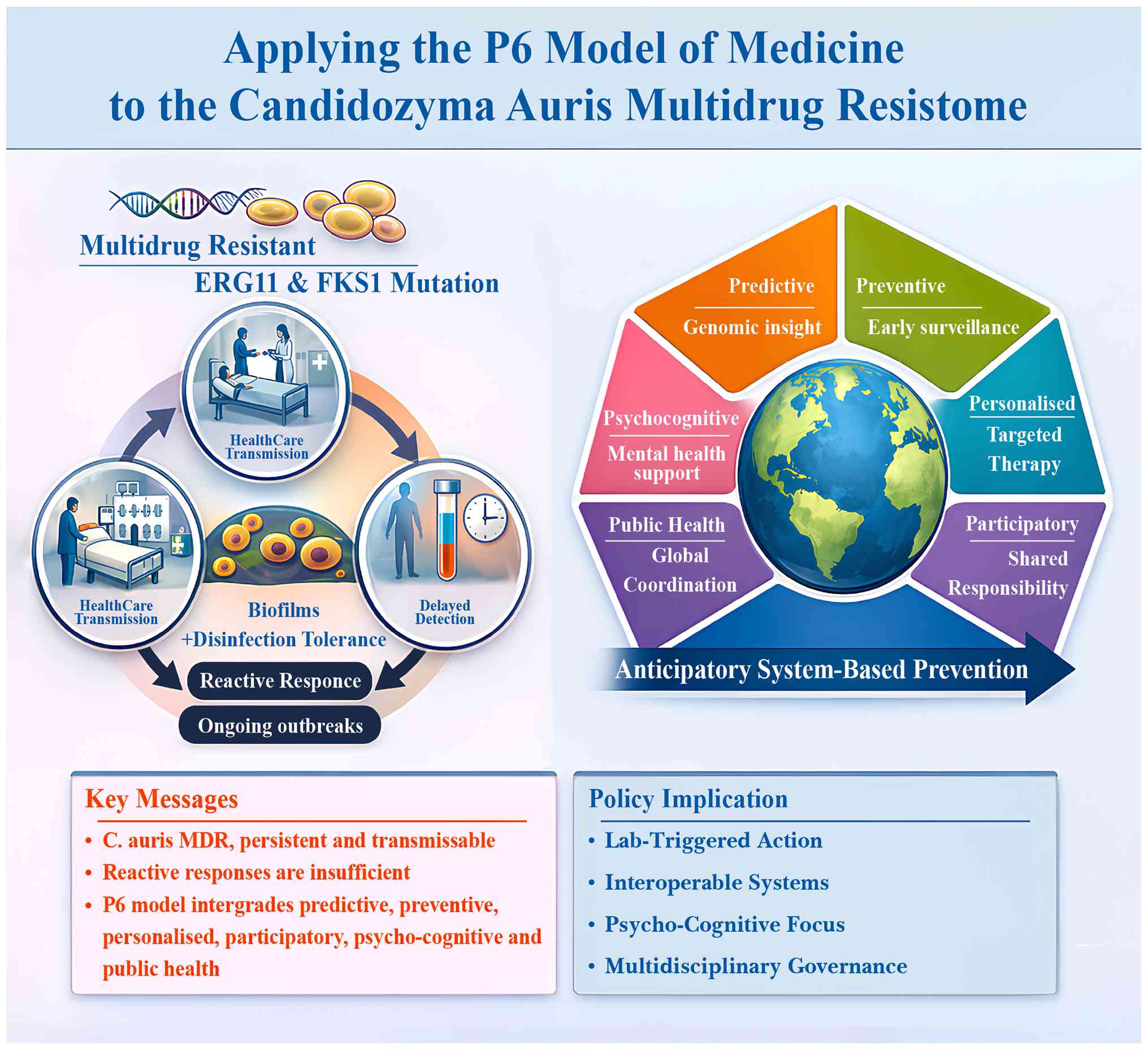Applying the P6 medicine framework to
the prevention and control of multidrug-resistant Candidozyma
(Candida) auris. The left panel illustrates the limitations of
conventional reactive approaches, in which antifungal resistance
associated with ERG11 and FKS1 mutations, biofilm
formation, disinfectant tolerance, healthcare transmission, and
delayed detection contribute to persistent outbreaks. The right
panel presents the P6 medicine framework, integrating predictive
(genomic insight), preventive (early surveillance), personalized
(targeted therapy), participatory (shared responsibility),
psycho-cognitive (mental health and behavioral support), and public
health (global coordination) principles to enable anticipatory,
systems-based prevention. Together, these complementary strategies
support genomic surveillance, precision diagnosis and treatment,
infection prevention and control, stakeholder engagement, and
multidisciplinary public health governance. Specifically, policy
implementation relies on lab-triggered system action, interoperable
genomic and electronic health record data sharing, psycho-cognitive
support to address staff alert fatigue and patient isolation
stigma, and coordinated oversight uniting public health
authorities, inspectors, and infection control teams to reduce
transmission and improve preparedness against multidrug-resistant
C. auris. MDR, multidrug-resistant; IPC, infection
prevention and control; EHR, electronic health record.