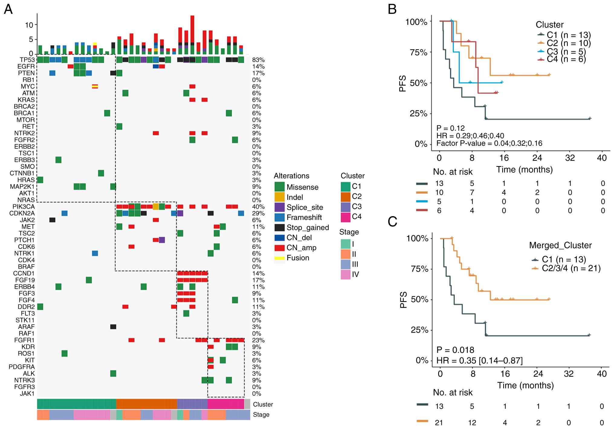 Associations between NMF-based
molecular clustering and PFS in patients with lung squamous cell
carcinoma treated with first-line chemotherapy. (A) NMF-based
molecular clustering of patients who received first-line
chemotherapy, classified into C1, C2, C3 and C4. (B) PFS between
C1-C4 is presented. (C) PFS between C1 and C2/3/4 is presented.
NMF, non-negative matrix factorization; C, cluster; PFS,
progression-free survival; HR, hazard ratio.