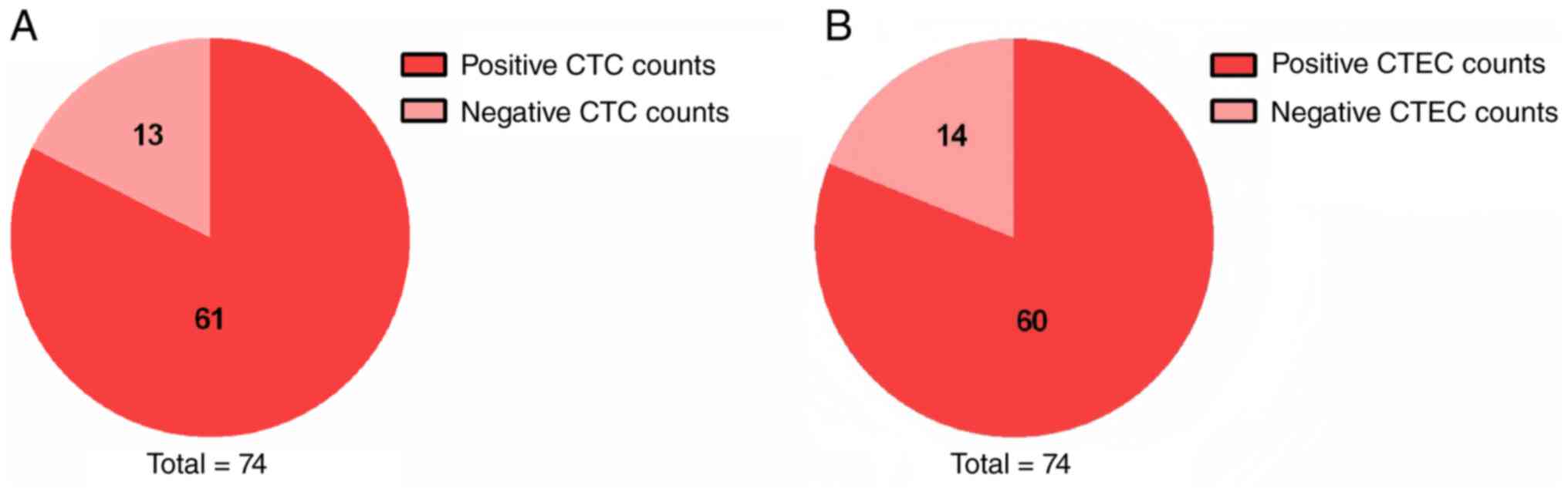 Proportions of patients with (A) CTC
and (B) CTEC (>0 and >1) before treatment, after surgery and
after chemotherapy. CTC, circulating tumor cells; CTEC, circulating
tumor-derived endothelial cells.