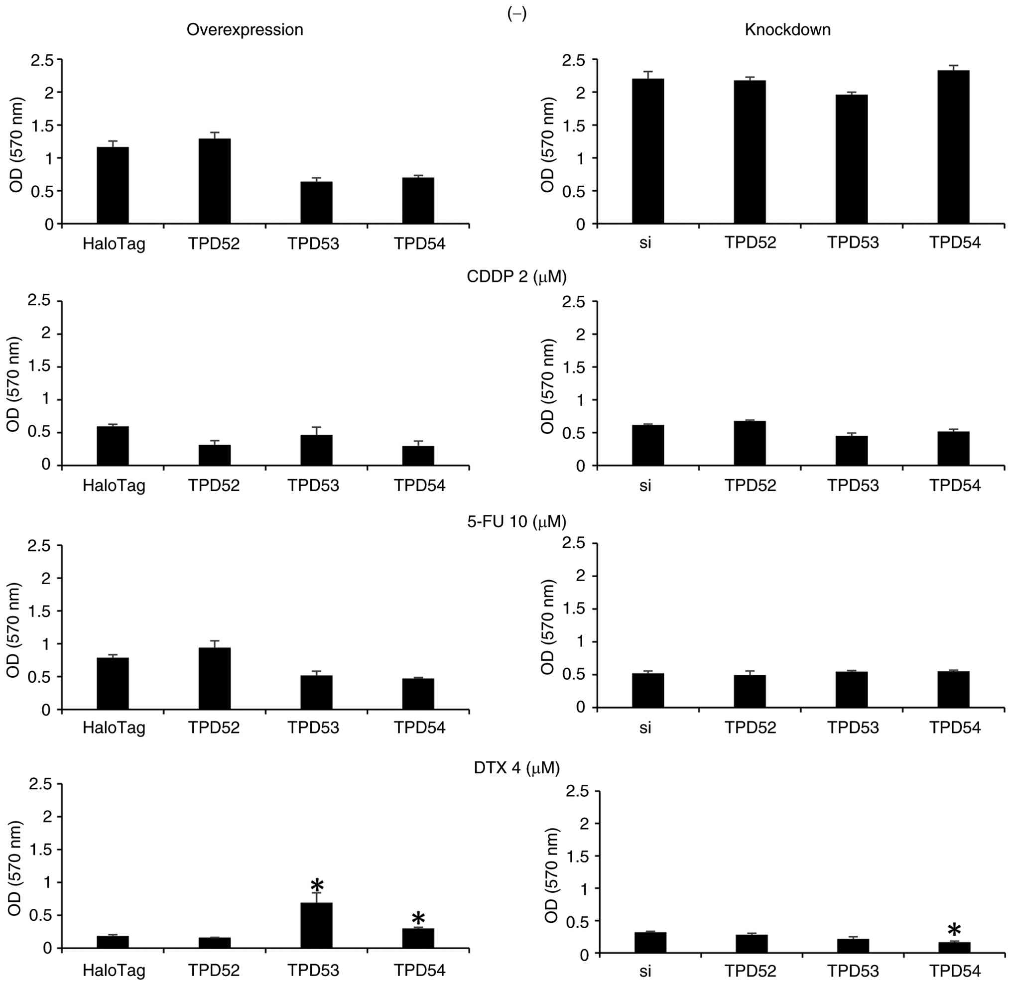 Effects of overexpression or knockdown
of TPD52 family proteins on cell viability. Overexpression vectors
or small interfering RNAs for TPD52, TPD53 and TPD54 were
transfected into SAS cells. Cells were incubated in the absence (−)
or presence of CDDP, 5-FU, or DTX for 48 h, and cell viability was
assessed using the MTT assay. Data are presented as the mean ± SD
of three independent experiments. *P<0.05 vs. untreated control.
CDDP, cisplatin; 5-FU, 5-fluorouracil; DTX, docetaxel; MTT,
3-(4,5-dimethylthiazol-2-yl)-2,5-diphenyltetrazolium bromide.