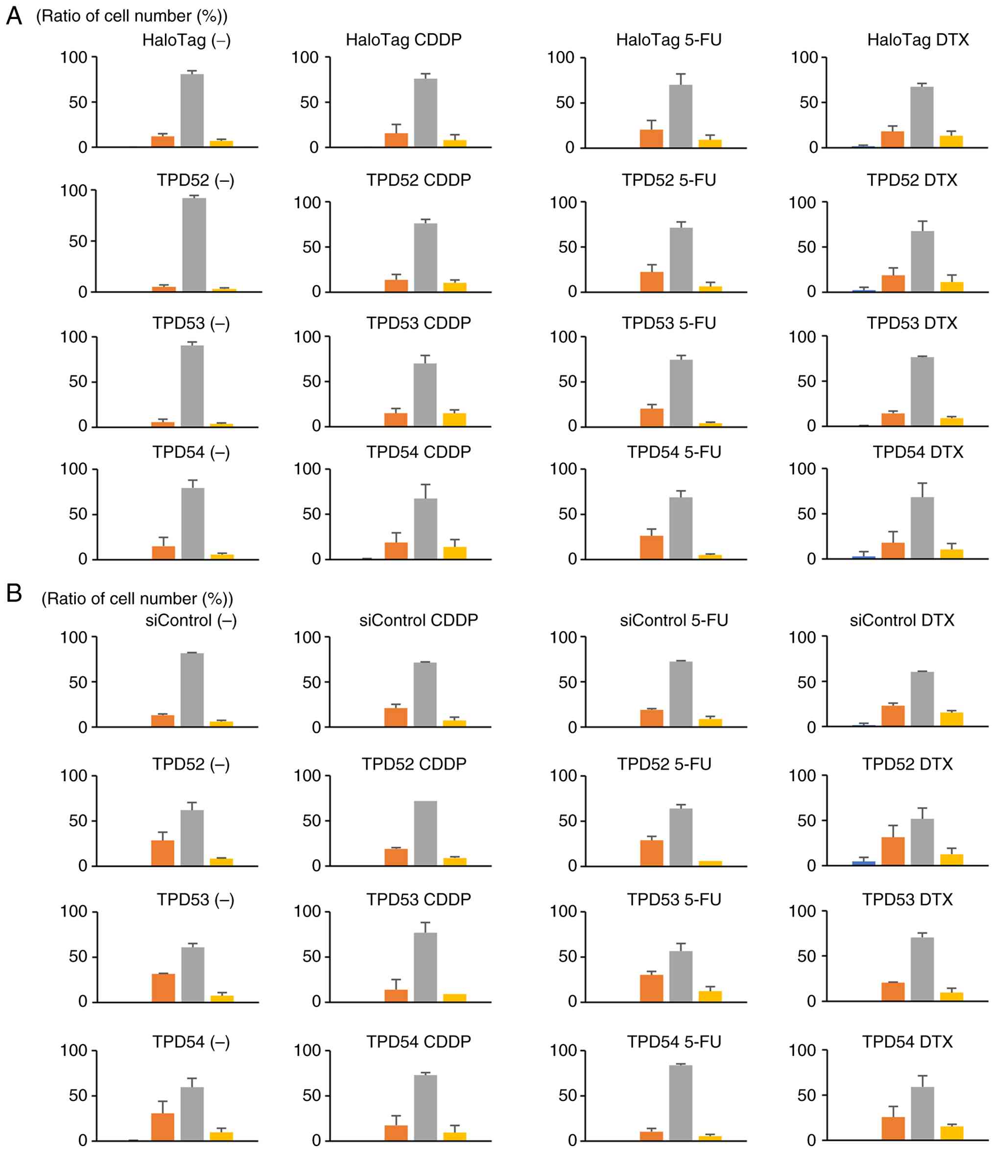 Effects of overexpression or knockdown
of TPD52 family proteins on cell-cycle progression. (A)
Overexpression vectors or (B) siRNAs were transfected into SAS
cells. Cells were incubated in the absence (−) or presence of CDDP,
5-FU, or DTX for 48 h, and cell-cycle distribution was analyzed.
Blue, G0/G1; orange, G1; gray, S; yellow, G2/M. CDDP, cisplatin;
5-FU, 5-fluorouracil; DTX, docetaxel.