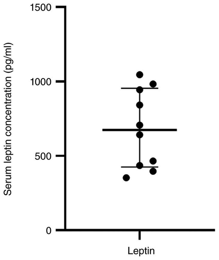 Human serum leptin concentration.
Serum leptin was measured using the Human Leptin Quantikine ELISA
kit. Individual data points are presented, with the median and
interquartile range indicated. Data are representative of n=10
participants.